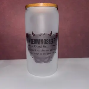 Evie3313 #TeamNoSleep Glass Tumbler 16oz with Lid and Straw Frosted Sublimation Can Cup TikTok Viral Live Trend Drinkware Water Bottles