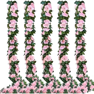5PCS 37.7 FT Fake Pink Flower Garland Vines, Artificial Rose Garland Flower Guirnaldas De Flores para Decorar, Faux Floral Vines Flowers Bridal Shower Baby Party Decoration Backdrop