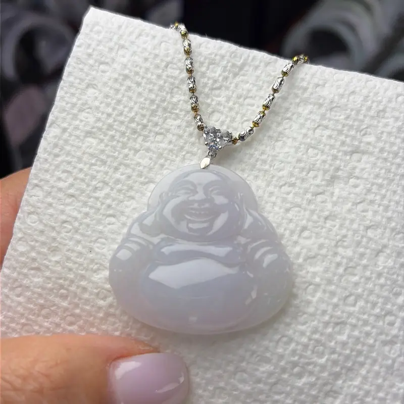Natural Jadeite Buddha Pendant – Icy White Burmese Jade Laughing Buddha Necklace