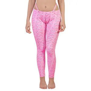 LittleForBig Unisex Silky Y2K Yoga Leggings with Built-In Camel Toe Pad & Tucking Gaff, Thong Strap Design for Smooth Feminine Silhouette, Sissy Style All-Over Print Pants