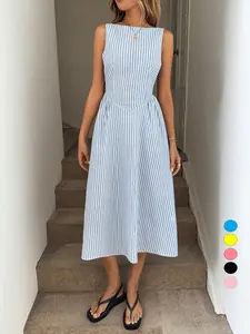 Women's Striped Print Dress, Casual Sleeveless  Dress for Holiday Vacation Daily Wear, Ladies Clothes for Summer