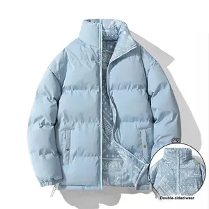 Men's and Women's Winter Cotton Coats Couple Wear Double-Sided Thickened Stand Collar Jackets Solid Color Paisley Printed Letter Zipper Pocket Drawstring Hooded Winter Long Sleeve Casual Loose Fit Men's Everyday Wear