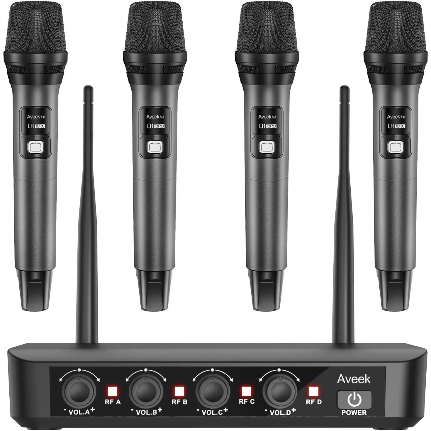 Wireless Microphone System with 4-Pack Dynamic Handheld Mics, 262ft Long Range, 40-Hour Battery, Low Latency Studio Sound for Karaoke, Singing, Speech, Church, Stage, Wedding, DJ & Events