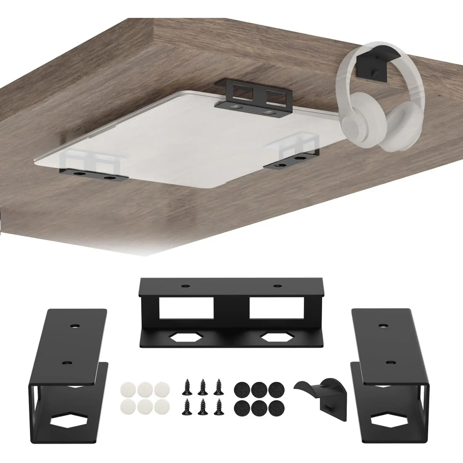 Under Desk Laptop Mount Metal Under Desk Laptop Holder with Anti-Scratch Pads Compatible with Lenovo HP Asus Acer Laptop,Mac Mini,Macbook,Keyboard Under Desk Shelf Tray with Headphone Hanger