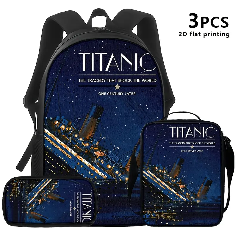 Kids' 3-Piece School Set: Lightweight Titanic Artwork Backpack, Lunch Box & Pencil Case, Waterproof Fabric for Back to School Haul, Campus Life, Synthetic, Zipper Closure, Everyday Carry, Lightweight Waterproof Backpacks, Padded Shoulder Straps, Titanic F