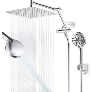 Metal Rain Shower , 10" High  Rainfall Shower  with Handheld Spray Combo, 10-Spray Handheld Built-in Power Wash, 16" Shower Extension Arm, 71" Hose, 3-Way Diverter, Chrome