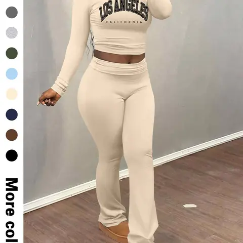 Women's Letter Print Long Sleeve Crop Tee & Plain Flare Leg Pants Two-Piece Set, Bell Bottoms Set, Casual Fashion Cozy Round Neck Top & Bell Bottom Trousers for Daily Outdoor Wear, Women's Clothing for Fall & Winter, Knitted Fashion Set, Womenswear