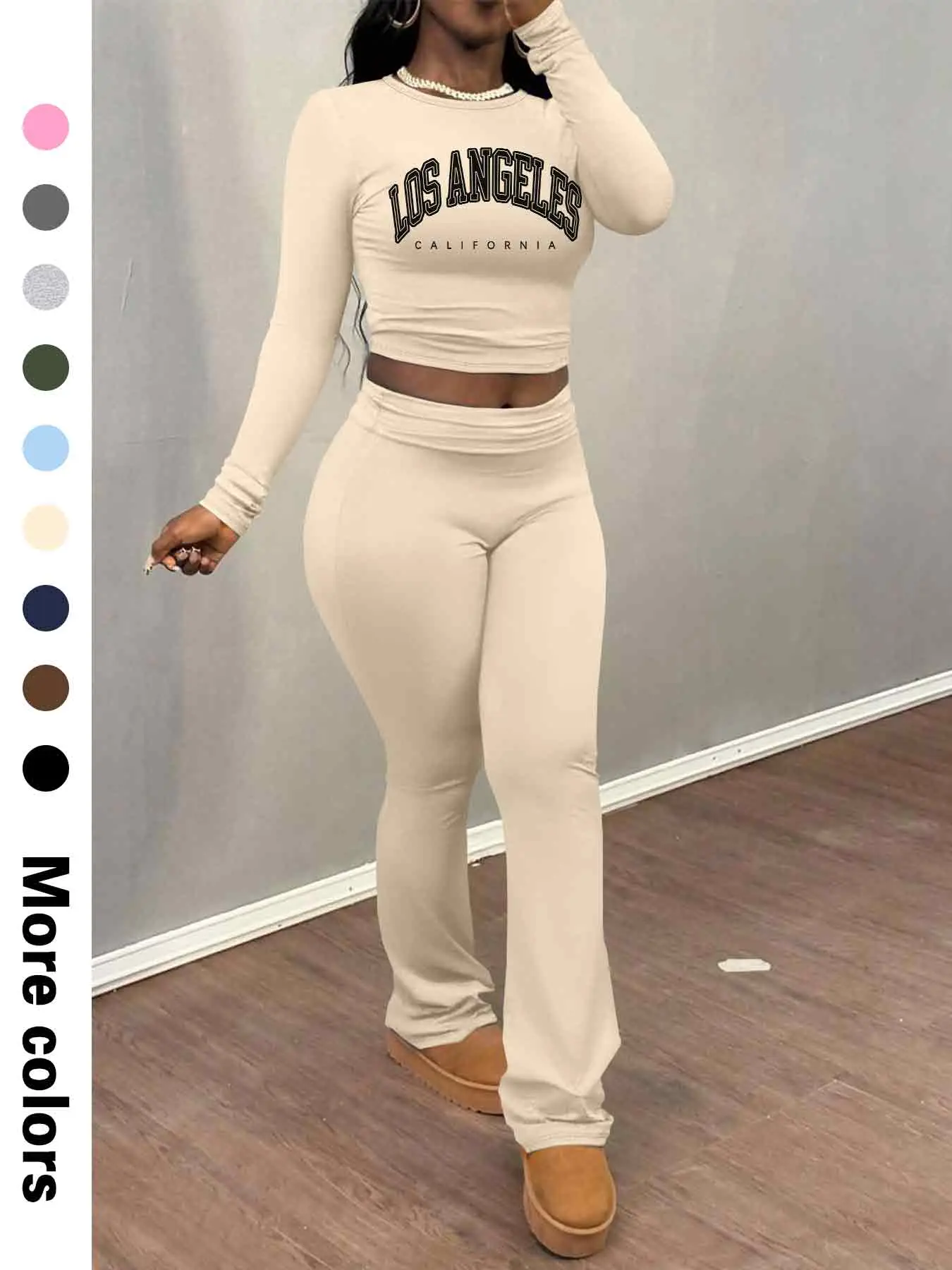 Women's Letter Print Long Sleeve Crop Tee & Plain Flare Leg Pants Two-Piece Set, Casual Fashion Cozy Round Neck Top & Bell Bottom Trousers for Daily O
