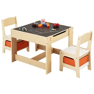 VEVOR Kids Table and 2 Chairs Set, Toddler Table and Chair Set with Storage Space under the Table, Cloth Storage Box under the Chairs, Wooden Desk for Art, Craft, Reading, Learning, Drawing, Burlywood
