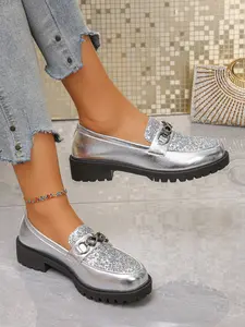 Silver Color Sequin Loafers, Luxurious Sparkle Style, Thick Sole Anti-Slip, Commuter Party Two-Wear Women's Shoes