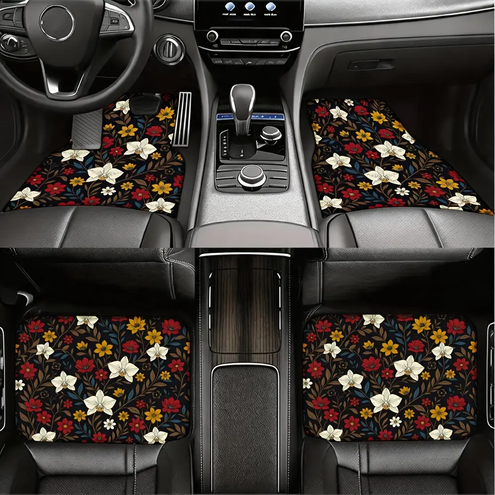 Joyfinity Pack of 4 [2D Plane] Retro Flower Car Floor Mat |    Floral Pattern Universal Model Is Suitable for SUV, Car, Van |    Daisy Leaf Herbal Carpet, Cute Female Exclusive, Girl Style Full Set of Car Accessories 2D Plane Model, 2D Flat