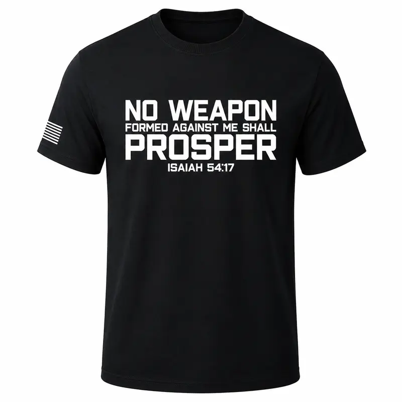 TRENZ SHIRT COMPANY Men's Stylish Cotton Round Neck Short-Sleeve Tee - Faith-Based Christian Church Apparel, In-House Print, Isaiah 54:17 Scripture Text, Flag Sleeve, Bold Cross Graphic, Everyday Wear