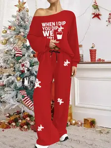 Elegant wide leg pants with off shoulder long sleeves set, gingerbread man pattern, Christmas set, sloping shoulder design is both fashionable and trendy, comfortable high waisted pants suitable for women, suitable for daily and holiday wear