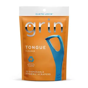 GRIN Tongue Cleaner, 32 Count, Disposable Tongue Cleaner, Hygienic Scraper, Recycled Plastic, Clean Tongue, Promote Fresh Breath, Includes Safe Fold- Back Tooth Pick