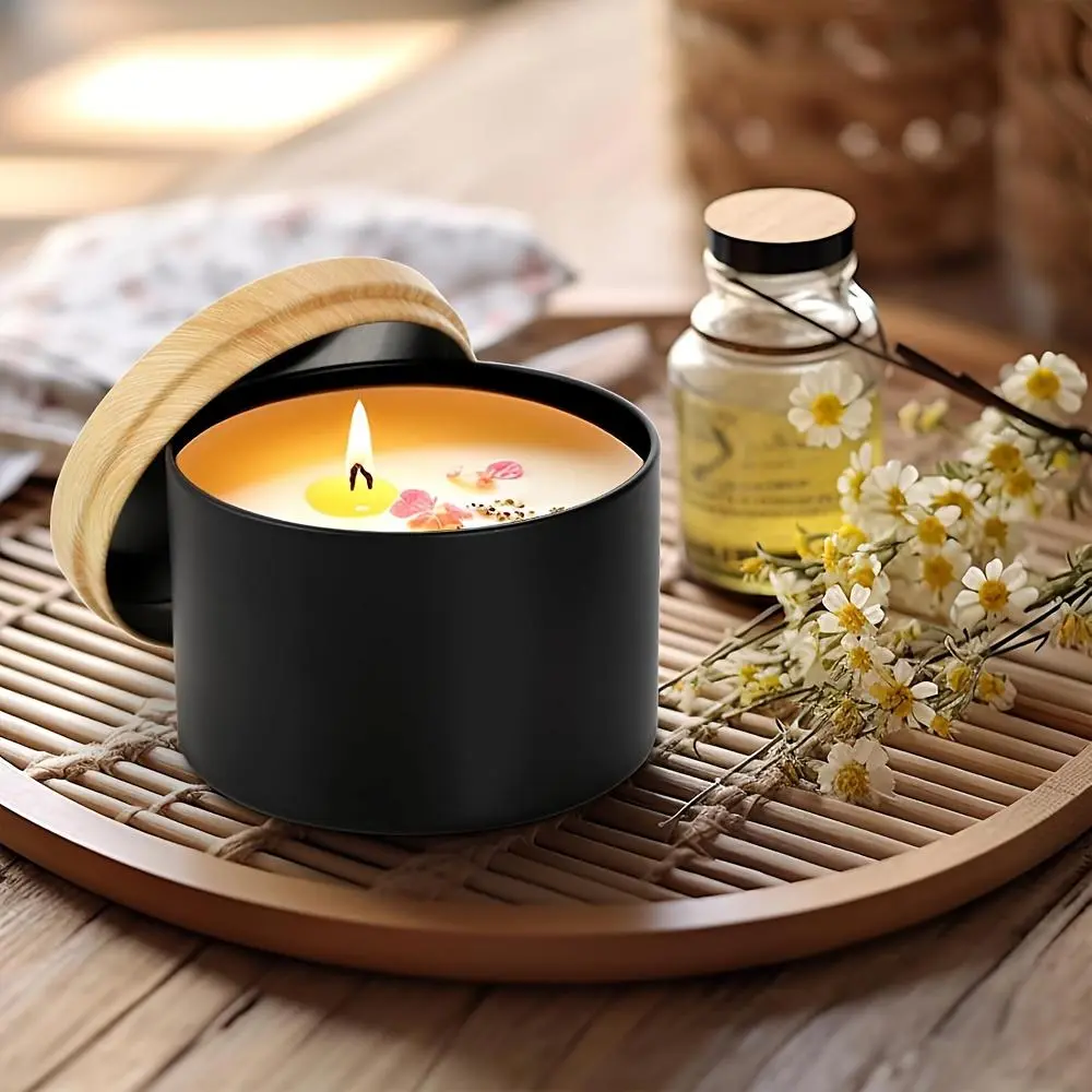 12-Pack Matte Black Glass Candle Jars with Wood Grain Lids, Airtight Empty Scented Candle Tins Containers for DIY Candle Making US