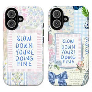 FL-Pastel "Slow Down You're Doing Fine" Phone Case,Pink & Blue Floral Patchwork Protective Cover For iPhone 11 12 13 14 15 16 17 Air Pro Max for Samsung S26 S25 S24 S23 S22 S21 Case,Gift for her/him