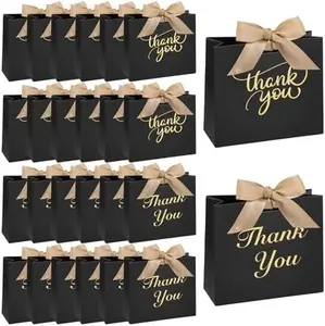 24PCS Mini Thank You Gift Bags Party Packs - 4.5x3.9x1.8In Black Treat Boxes with Bow Ribbon for Wedding, Birthday Party Supplies