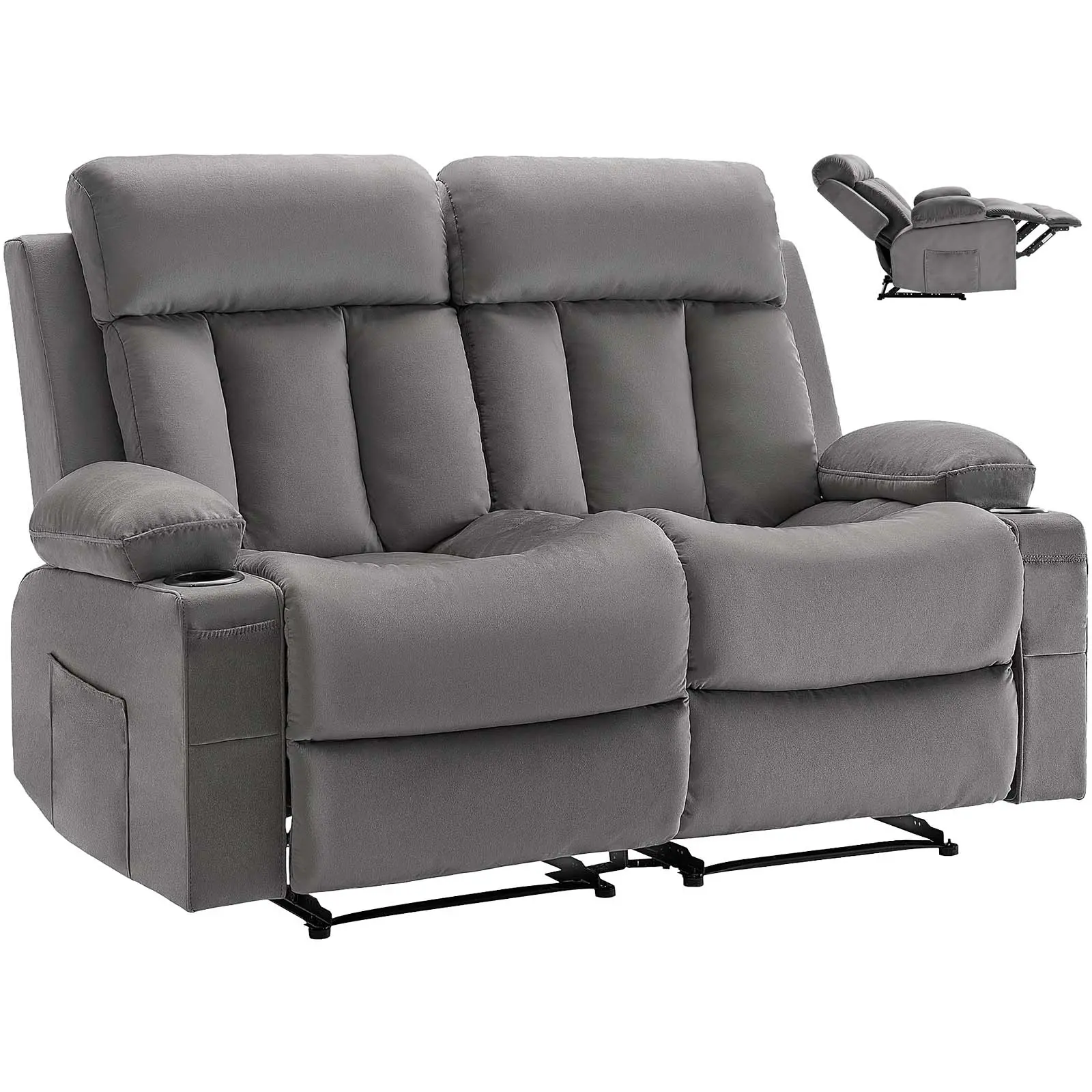【SummerFinds】VEVOR Loveseat Recliner Sofa, Power Reclining Couch with Heating and Massage, Soft Velvet Electric Recliner Sofa with USB Ports, Cup Holders andSideBags, Dual Loveseat Chair for Living Room, Grey