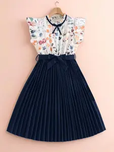 Girls' Floral Print Ruffle Dress with Adjustable Waistband, Elegant Bow Neck Design, Fashionable and Stylish, Pleated Skirt, Perfect for Daily Wear