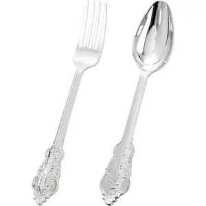 200 count  Plastic Forks and Spoons - Plastic Silverware Baroque - Disposable Silverware Heavy Duty - 100 count  Forks and 100 count Spoons for Weddings, Christmas and Party