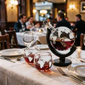 Creative spherical globe decanter | Includes a wooden base with dark finish and two sets of matching high-quality glass wine glasses | Unique gift
