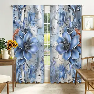 2pcs light luxury blues lily print decorative curtains, semi transparent to protect privacy, fade resistant, hand washable and machine washable, pole bag hanging, suitable for bedrooms, living rooms, study rooms, light luxury home spaces, etc