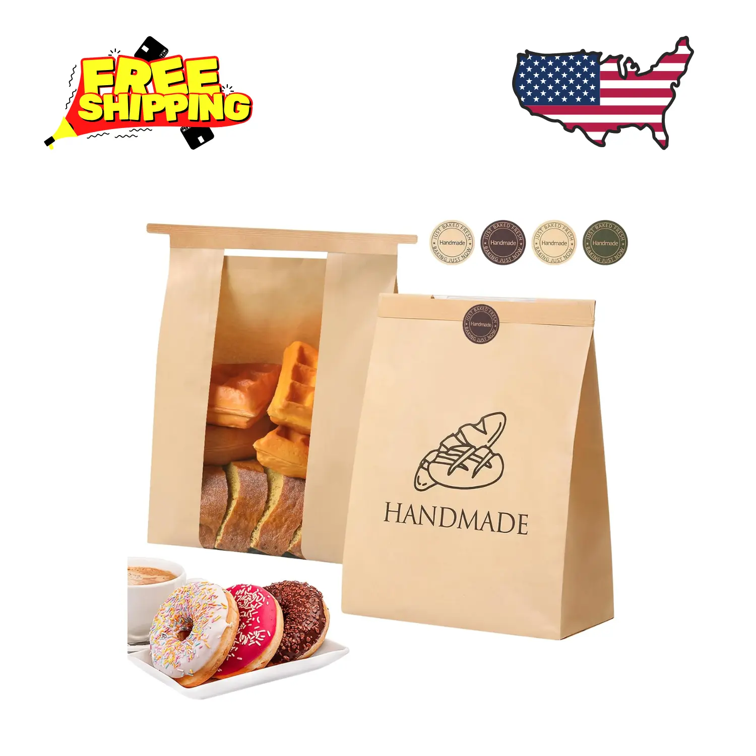 45 Pack Paper Bread Bags for Sourdough With Clear Window & Label Seal Stickers