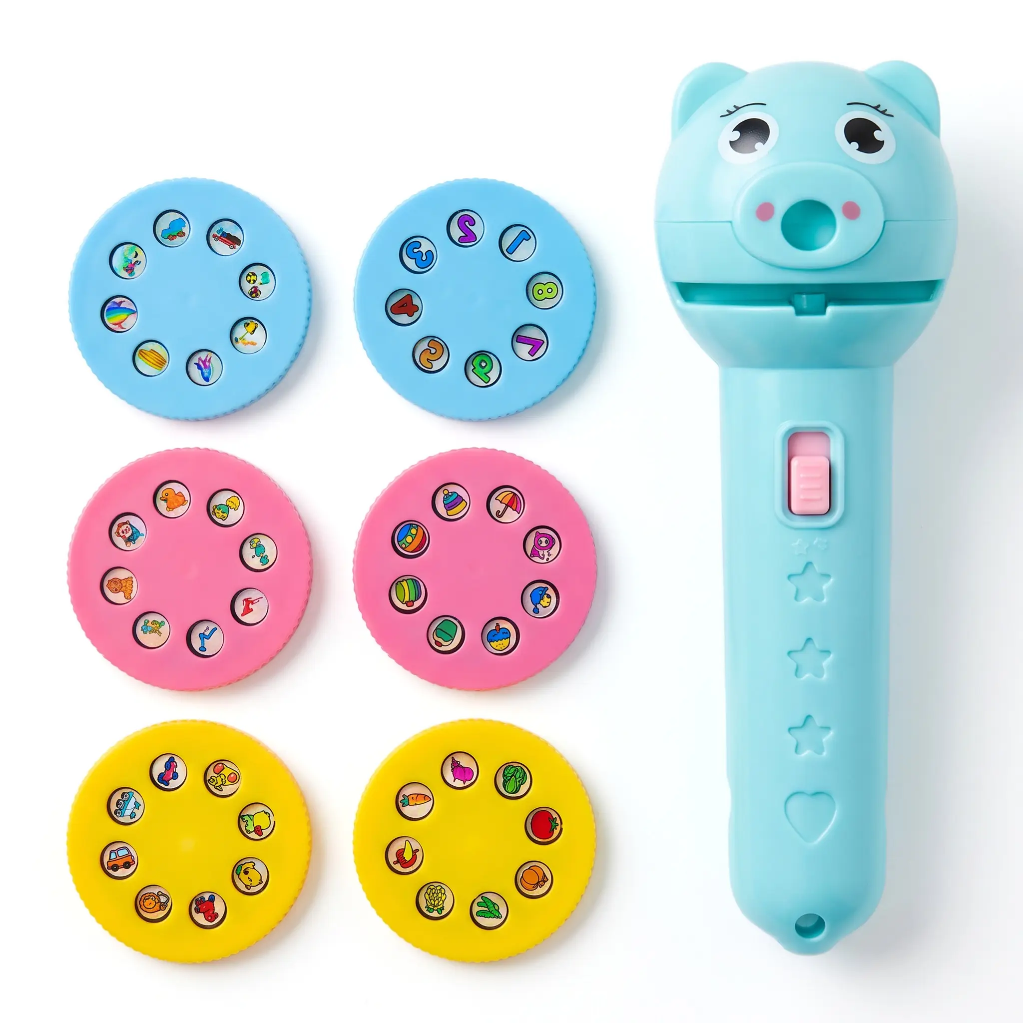 Kids Cute Pig Unisex Plastic Cartoon Projector Flashlight Toy - Educational Learning Tool with 6 Theme Slides (Numbers, Transport, Dinosaurs, Animals, Vegetables, Pre-loaded Sleep Stories), Soft Light, Safe for Toddlers, Easy Operation, Animal