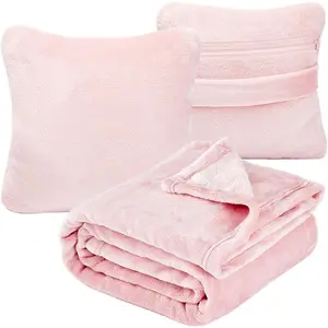 Travel Blanket Pillow,  2 in 1 Flannel Airplane Blanket Compact for Travel,Office, Home,Travel Essentials Accessories for Plane and ,Compact Office Blanket (Pink)