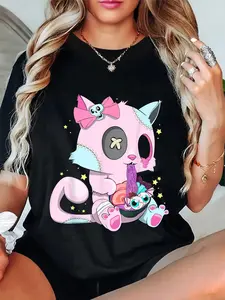 100% Cotton Kawaii Pastel Goth Witchy Cat eats Ramen Cute Creepy Cat T-Shirt