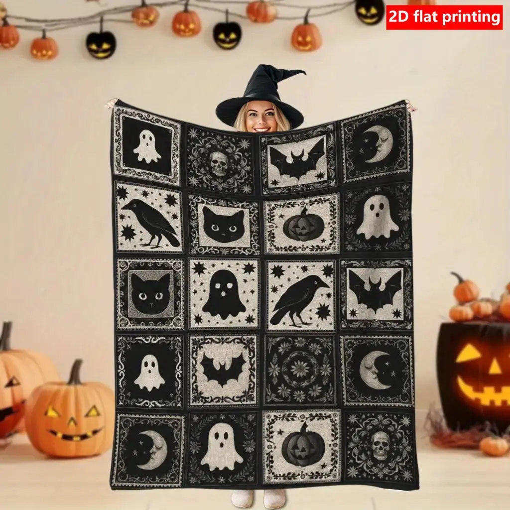 Gothic Halloween Throw Blanket, Vintage Spooky Grid Fleece Blanket, Black and White Aesthetic Decor, Christmas Gift