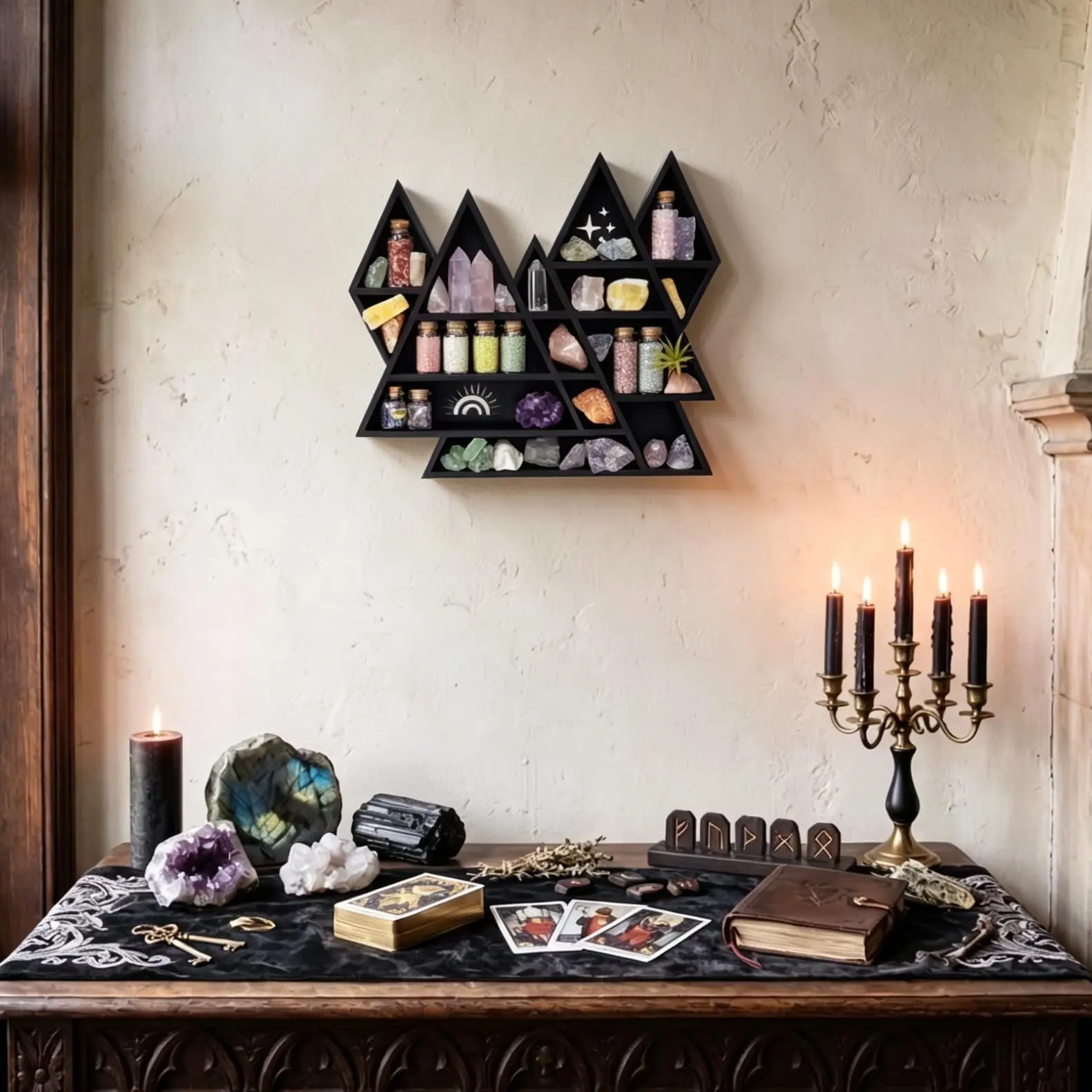 FNYDOX Wooden Triangle Mountain Crystal Wall Shelf Display, Rock Gem Stone Storage Holder, Meditation Room Spiritual Decor Gift, Wall Hanging Organizer for Trinkets, Knick Knacks, Art Collections