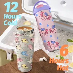 PIKPAKA Axolotl Pattern Vacuum Flasks 700ml Ceramic Lined Tumbler with Tea Infuser & Hidden Straw, Vacuum Insulated Portable Travel Mug, Long Cold Retention Coffee Water Bottle with Handle & Non-Slip Base