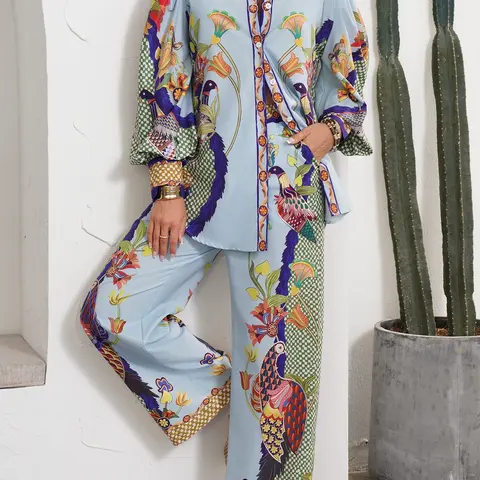 Women's Floral Print Long Sleeve Fitted Top & Wide Leg Pants Two-piece Set, Casual Lounge Set, Casual Fashion Chic Cozy Top & Trousers for Daily Outdoor Wear, Women's Clothing for Spring & Fall, Two Pieces Outfits, Womenswear