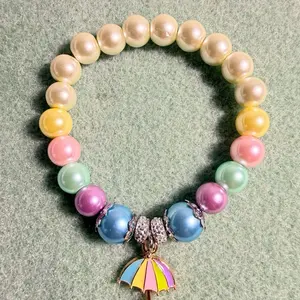 Handmade Pastel Colors Pearl-Style Beaded Stretch Bracelet with Umbrella Charm for Women   6.5”