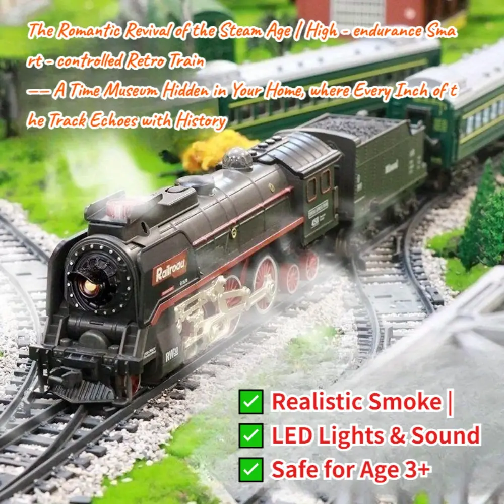 Vintage Steam Train Kit | 3D Hands-On Smoke Control & Realistic Tracks | STEM Toy for Kids & Collectors  Real Choo-Choo Whistle + LED Light Show | NO Remote Needed for Sensory Play! water spray kid gift year boys girl Retro rc cars