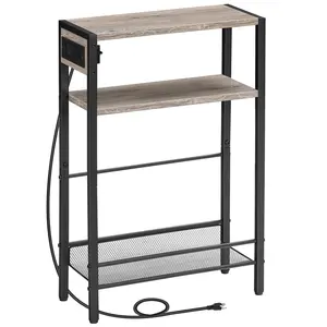 HOOBRO Small Narrow Side Table with Charging Station, Skinny End Table for Small Spaces, Slim Nightstand with USB Ports Outlet, Sofa Beside Table with Storage Shelf, Greige and Black