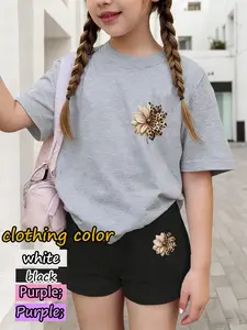 Girls Leopard Floral Set, Chest Pants Vintage Leopard Flower Double Print, Children Short Sleeve Shorts, Casual Stylish, Durable, Vintage Girly Clothes