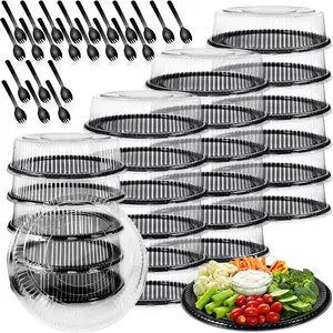 24 Pack 12 Inch Heavy Duty Serving Tray with Clear Lid and Sporks, Large Plastic Tray with Elegant Platter Round Black Disposable for Fruit Sandwich Party Takeout Food Catering Picnic