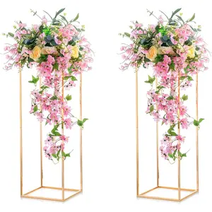 Nuptio 2 Pcs Metal Flower Floor Vase Column Flower Stand Geometric Centerpieces Vase for Tables, 80cm/31.5in Tall Gold Flower Holder for Home Party Wedding Decorations, Rectangular Flower Display Rack