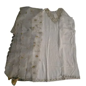 Rayon Embroidery Three Piece Suit Kurtasets with Organza Dupatta White Color Fashionable Design