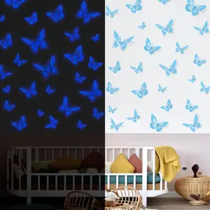 24 Pcs Glow in The Dark 3D Butterfly Stickers, 3 Sizes Luminous Wall & Ceiling Decals, Removable Blue Fluorescent Decor for Kids Nursery & Glow Party