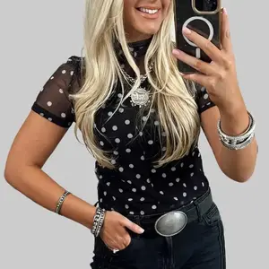 Dear-Lover Women's Black Polka Dot Printed Mock Neck Sheer Mesh Blouse, 95% Polyester 5% Elastane Short Sleeve Slim Fit Cute Sexy Top with Flattering Fits for Ladies,summervibes
