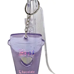 Darker Purple Resin Key Chain with Hot Chocolate Design and Heart Cutout for Trendy Accessories