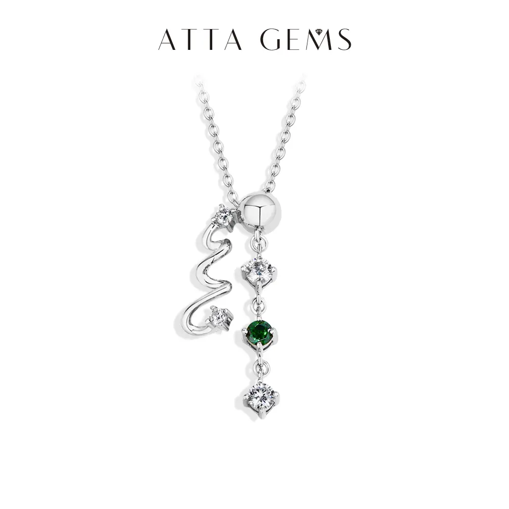 ATTAGEMS Unique Design Lab-Created Moissanite&Green Zircon Necklace for Women 925 Sterling Silver Necklace Daily Wear Holiday Party Fine Jewelry N060, Asymmetrical Pendant, Elegant Necklace summerwins