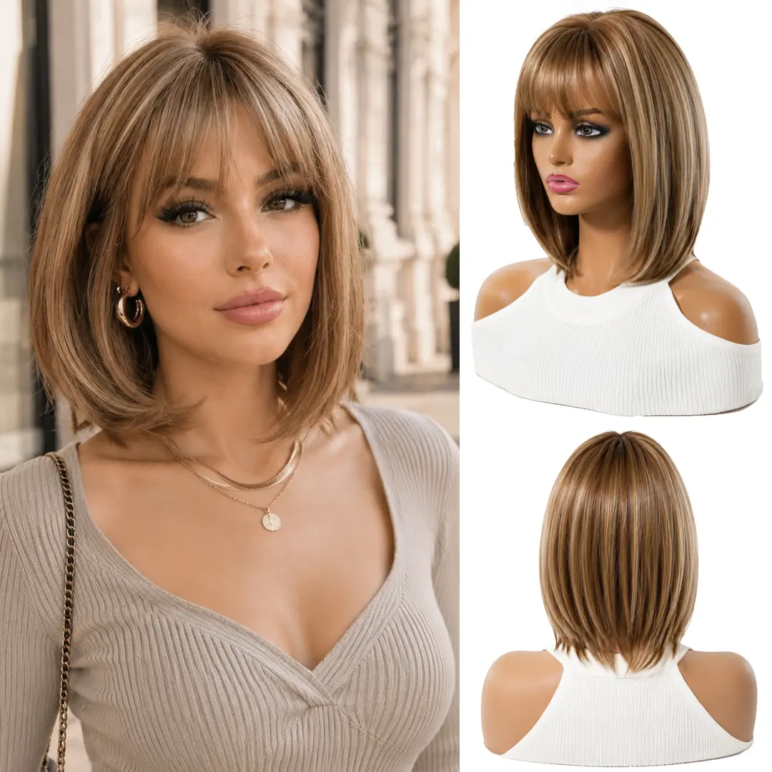 Glueless Wigs Ready to Wear, 12 Inch Short Brown Mixed Blonde Bob Wig with Bangs for Women, Natural Looking Synthetic Glueless Wig, Heat Resistant Fiber for Daily Wear, Party & Cosplay