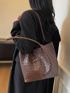 New Large Capacity Woven Pu Tote Satchel, Vintage Solid Color Shoulder Clutch, Versatile Handbag for Commuting Travel Shopping