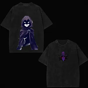 Raven X Teen Titans Superhero Comic Double Printed Oversize Lightweight Acid Washed Tee, TV Show Graphic Tee, Gift T-Shirt For Lover
