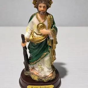 6 inch San Judas Statue - Gold and Green Robe with Cane and Medal - Religious Figurine for Home Decor