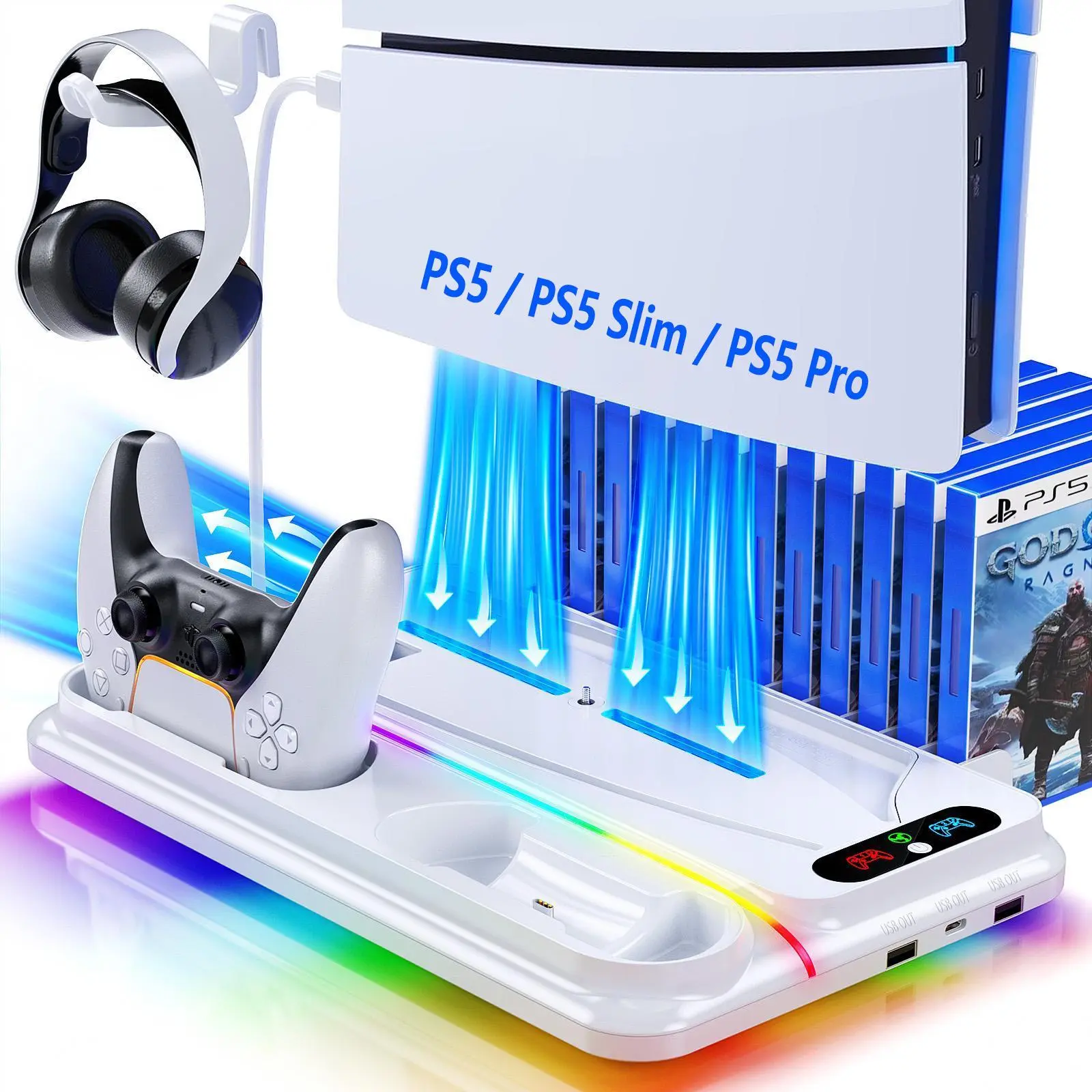 Ukor PS5 Cooling and Charging Dock for PlayStation 5 Standard & Slim Consoles with 3-Speed Fan, RGB Lighting, Headset Hook, 3 USB Hubs, and Organizer